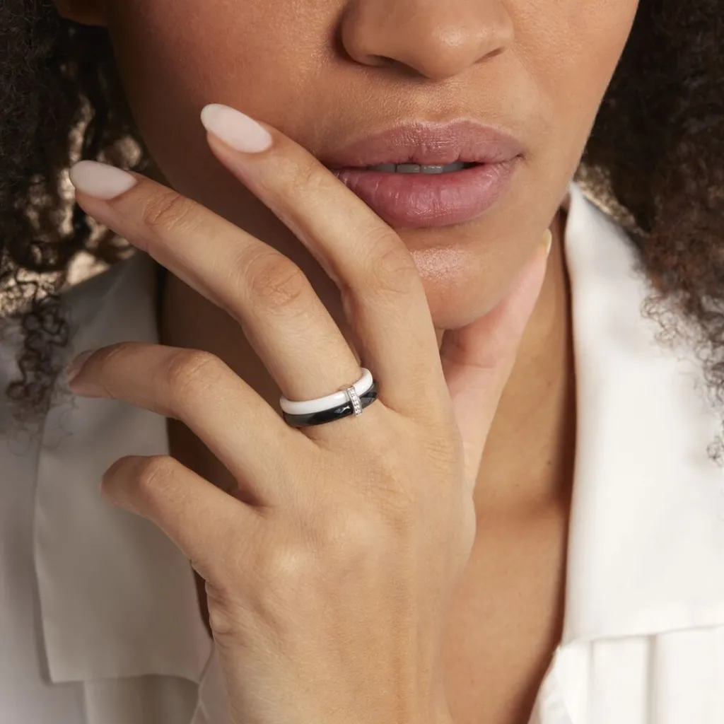 Histoire d'Or Bague Barette Bicolore Ceramique Argent Blanc Oxyde De Zirconium Hot