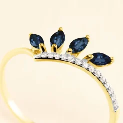 Histoire d'Or Bague Navette Diamant or jaune saphir New