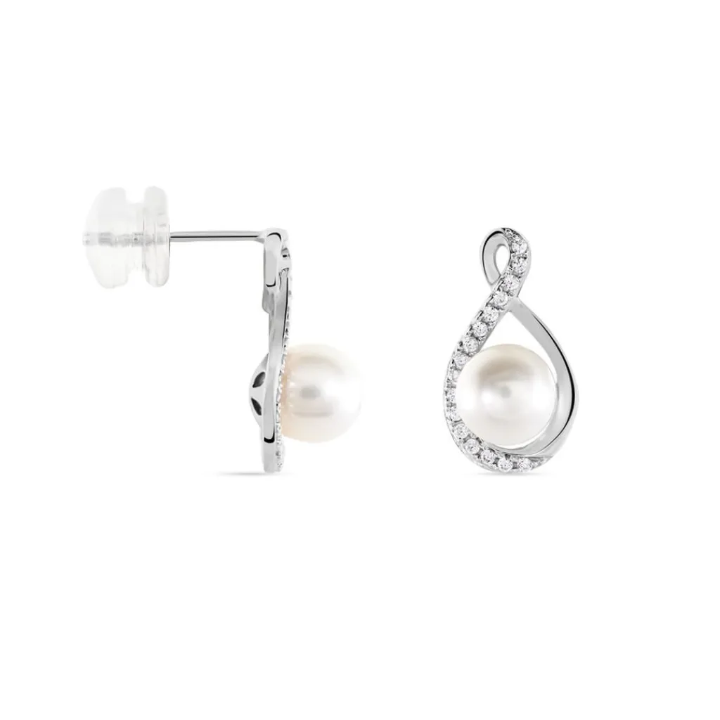 Histoire d'Or Boucles D'oreilles Davy Or Blanc Perle De Culture Oxyde Clearance