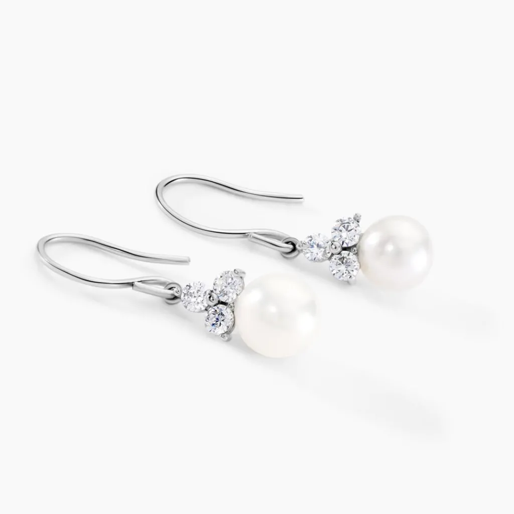 Histoire d'Or Boucles D'oreilles Pendantes Taissia Or Blanc Perle Culture Et Oxyde or blanc perle nacre New