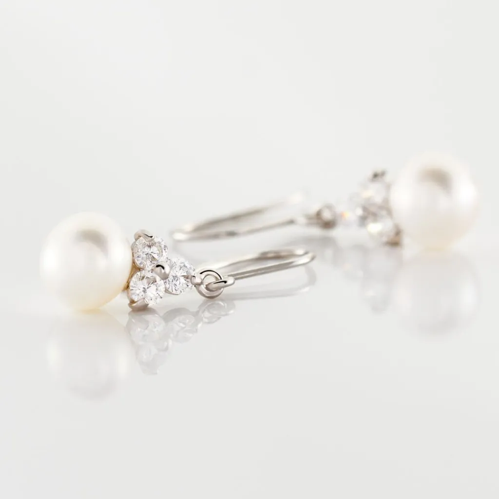 Histoire d'Or Boucles D'oreilles Pendantes Taissia Or Blanc Perle Culture Et Oxyde or blanc perle nacre New