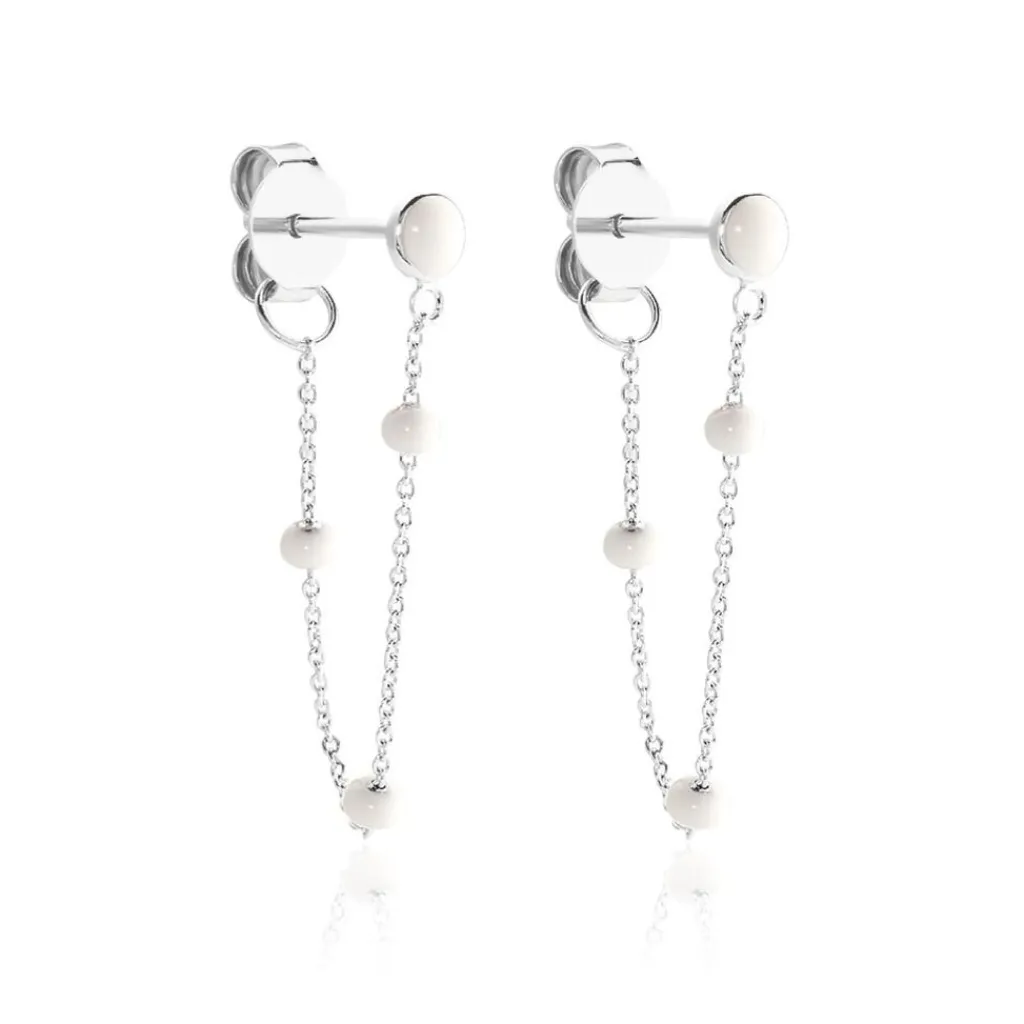 Histoire d'Or Boucles D'oreilles Pendantes Polka Argent Blanc New