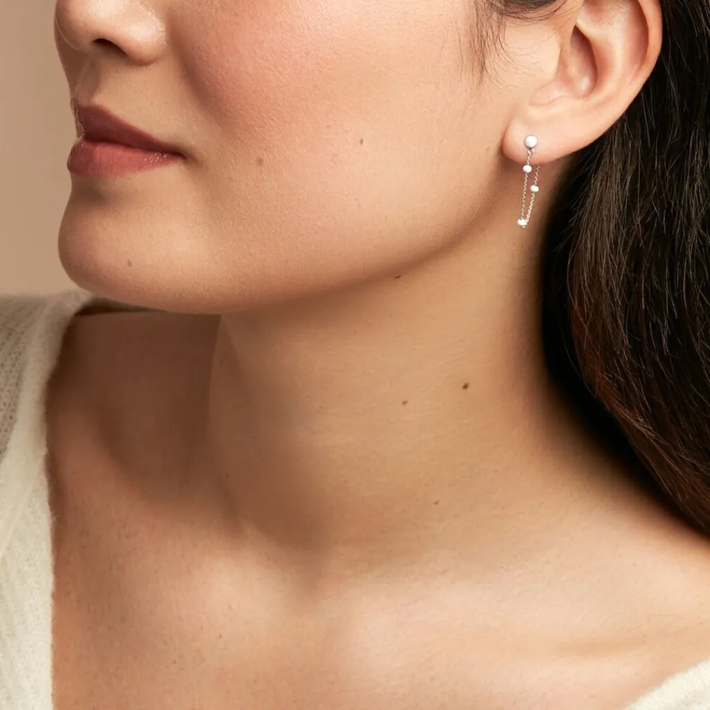 Histoire d'Or Boucles D'oreilles Pendantes Polka Argent Blanc New