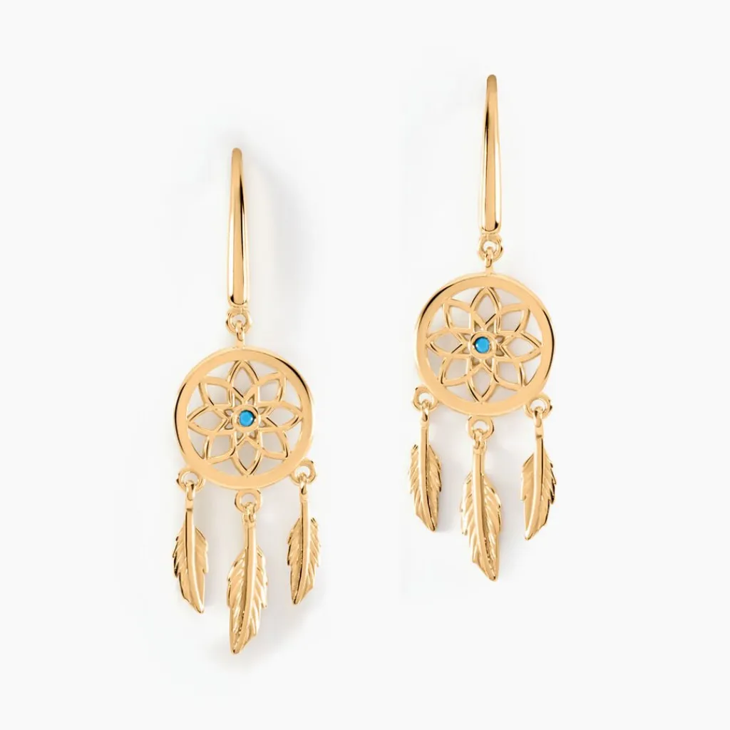 Histoire d'Or Boucles D'oreilles Plaqué Or Jaune Attrape Rêves Turquoises New