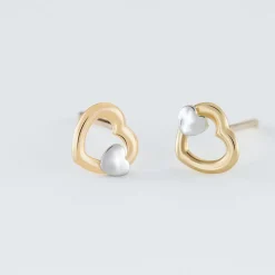 Histoire d'Or Boucles D'oreilles Puces Anne-maudae Double Coeurs Or Bicolore New