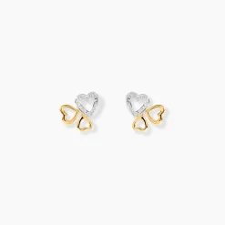 Histoire d'Or Boucles D'oreilles Puces Anne-maudae Triple Coeurs Or Bicolore New