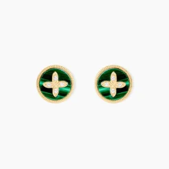 Histoire d'Or Boucles D'Oreilles Puces Talisman Or Jaune Malachite Diamant New