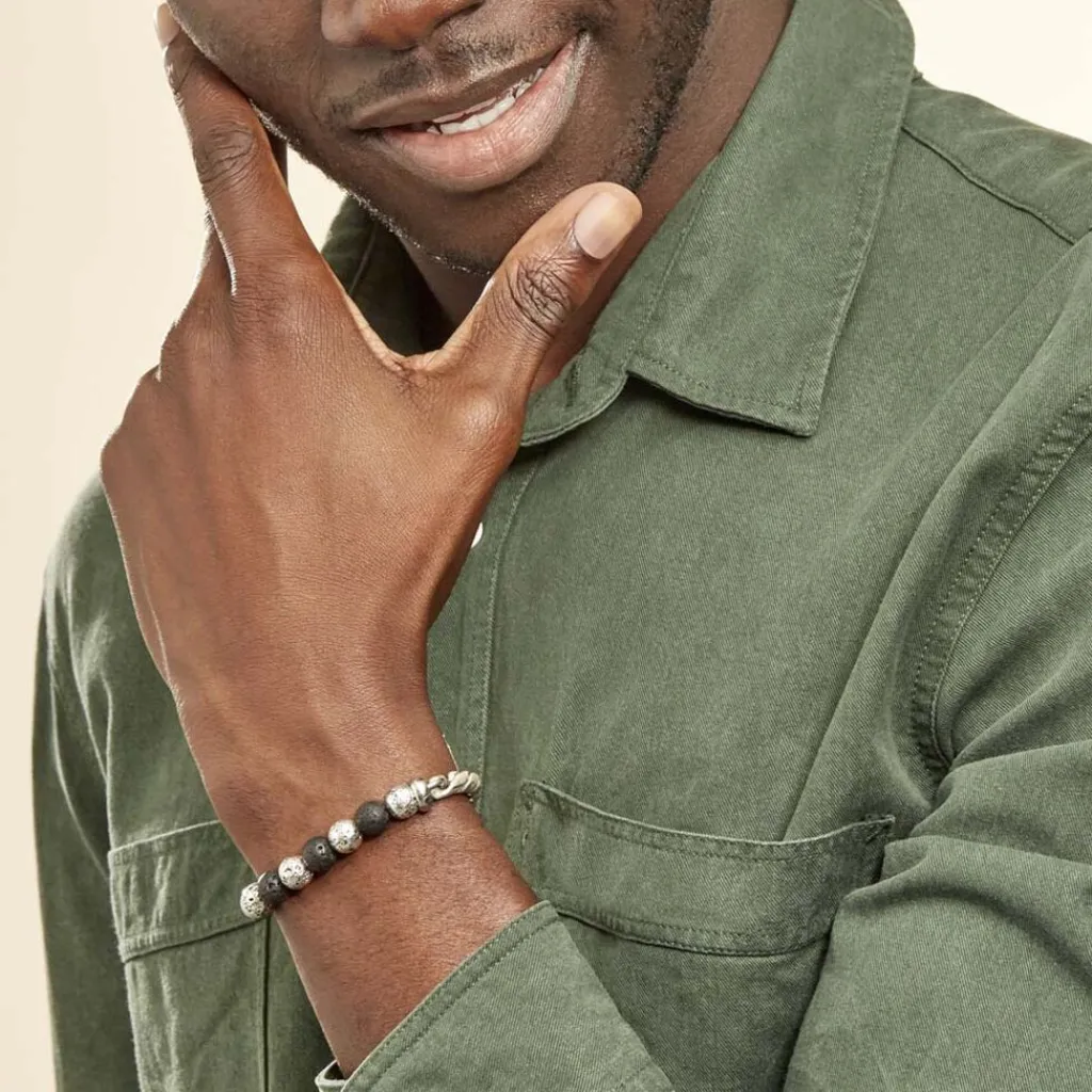 Histoire d'Or Bracelet Gulustan Acier Gris Vieilli Pierres De Lave