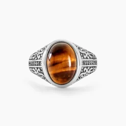 Histoire d'Or Chevalière Acier Vieilli Keegan 艙il De Tigre acier gris quartz marron Discount