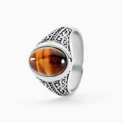 Histoire d'Or Chevalière Acier Vieilli Keegan 艙il De Tigre acier gris quartz marron Discount