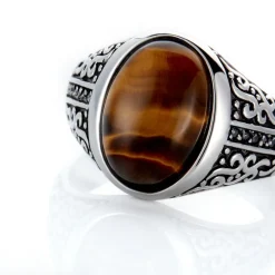 Histoire d'Or Chevalière Acier Vieilli Keegan 艙il De Tigre acier gris quartz marron Discount