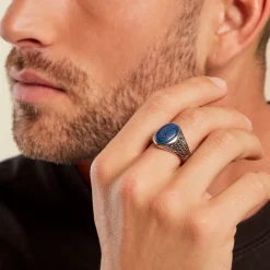 Histoire d'Or Chevalière Keegan Acier Blanc Lapis Lazuli Oxyde De Zirconium acier blanc lapis lazuli bleu Sale