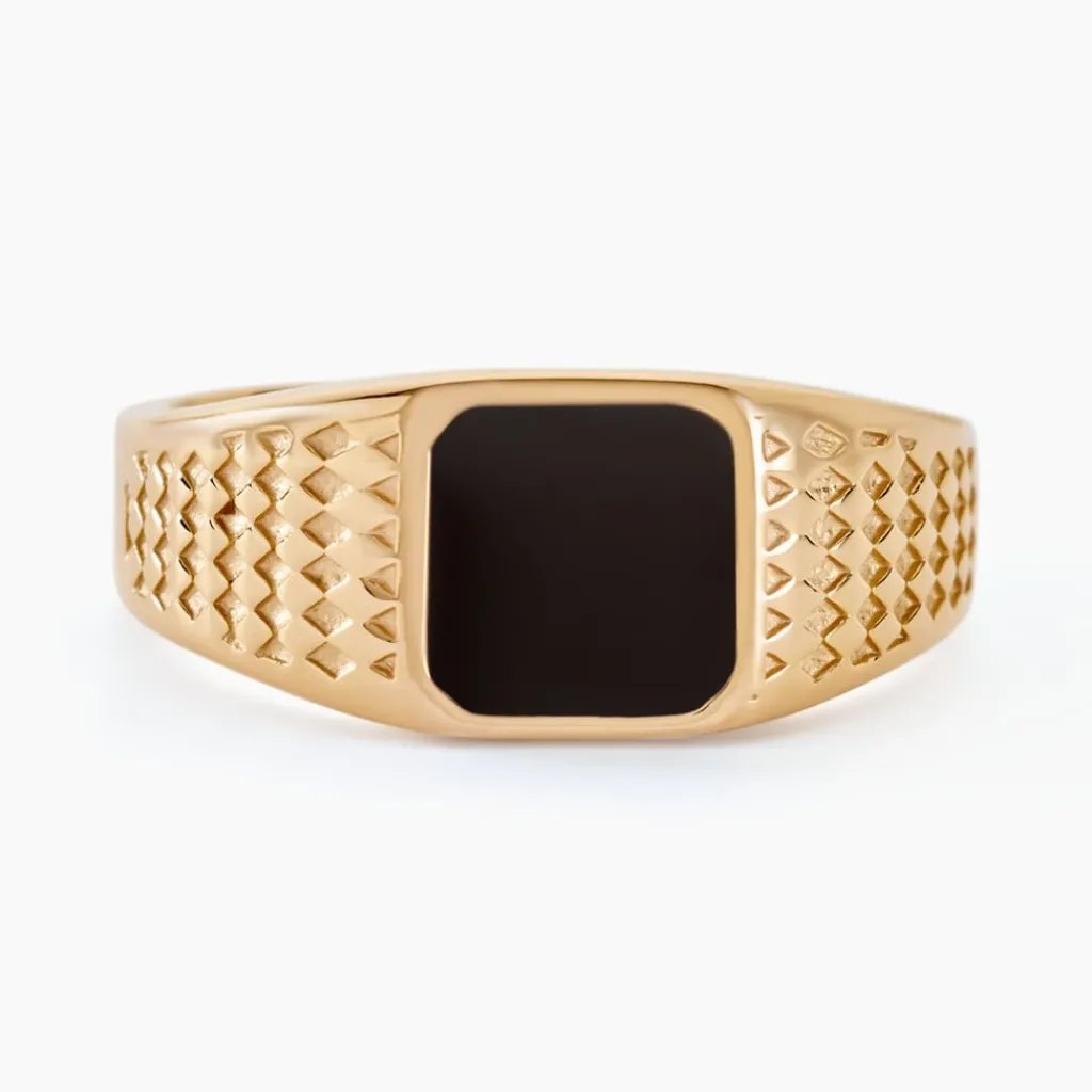 Histoire d'Or Chevalière Plaqué Or Jaune Ariston Email Noir New