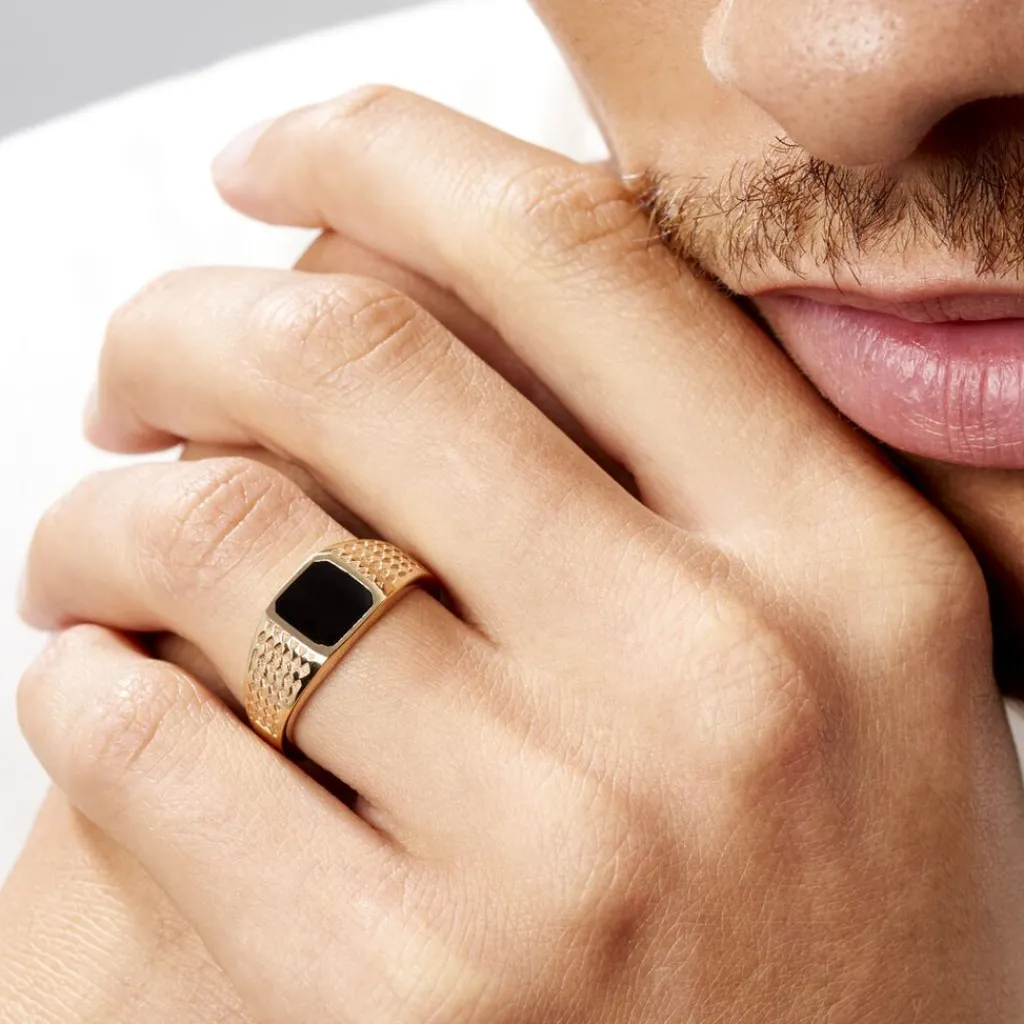 Histoire d'Or Chevalière Plaqué Or Jaune Ariston Email Noir New