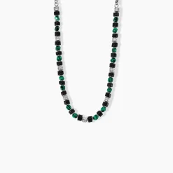 JOURDAN Collier Bengale Acier Argenté Malachite Pierre De Lave Best