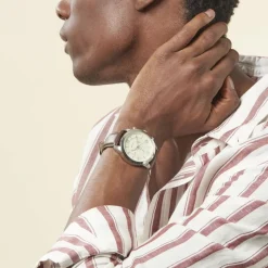 ARCTIK Montre Apex Crème cadran argenté fond cr&egrave;me bracelet cuir marron Outlet