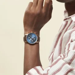 ARCTIK Montre Zenith Bleu cadran doré rose fond bleu bracelet cuir marron