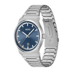 HUGO BOSS Montre Boss Candor Bleu cadran argenté fond bleu bracelet acier argenté New