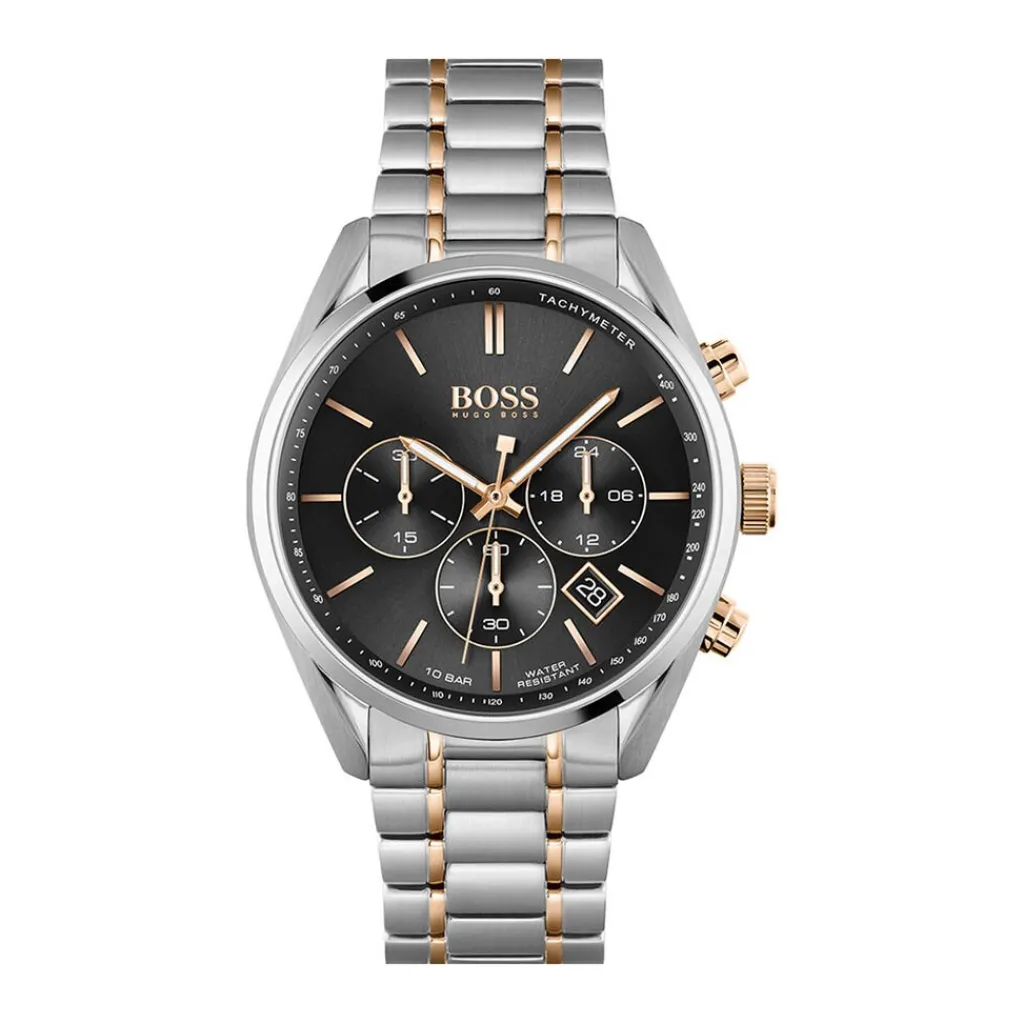 HUGO BOSS Montre Boss Champion Noir cadran argenté fond noir bracelet acier bicolore Outlet