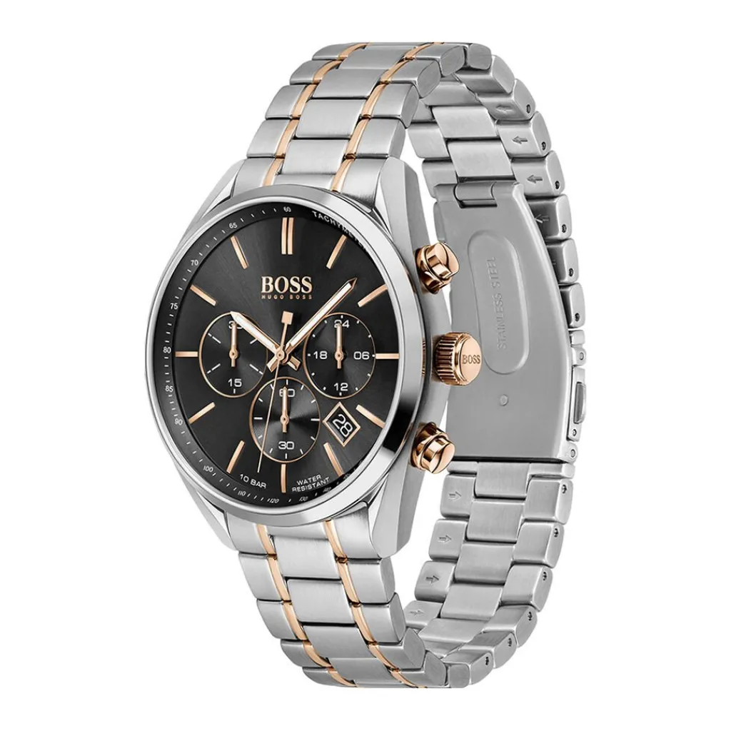 HUGO BOSS Montre Boss Champion Noir cadran argenté fond noir bracelet acier bicolore Outlet