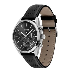 HUGO BOSS Montre Boss Champion Noir cadran argenté fond noir bracelet cuir noir Clearance