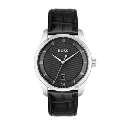 HUGO BOSS Montre Boss Principle Noir cadran argenté fond noir bracelet cuir noir Hot