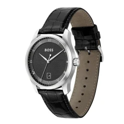 HUGO BOSS Montre Boss Principle Noir cadran argenté fond noir bracelet cuir noir Hot