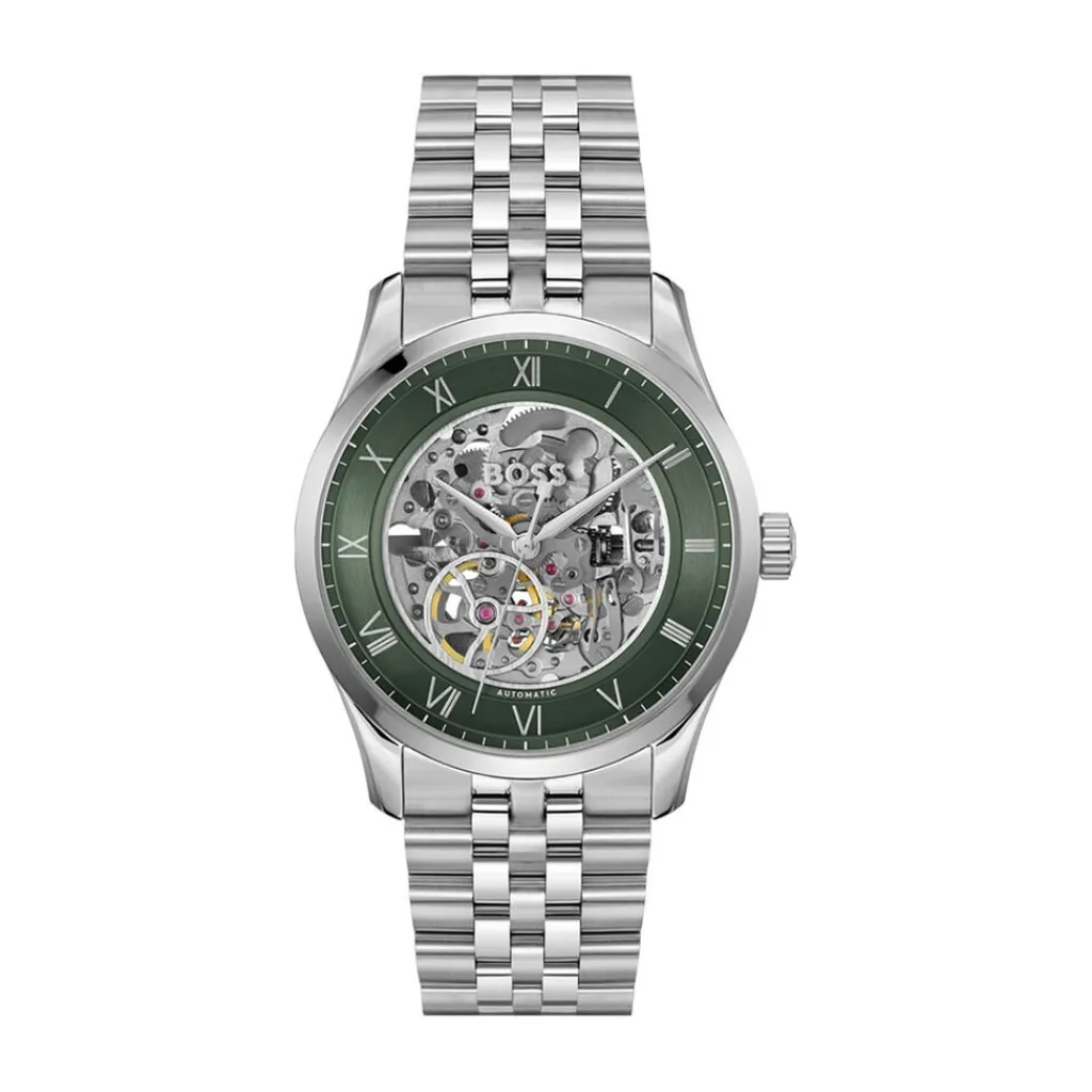 HUGO BOSS Montre Boss Principle Skeleton Vert cadran argenté fond vert bracelet acier argenté Sale