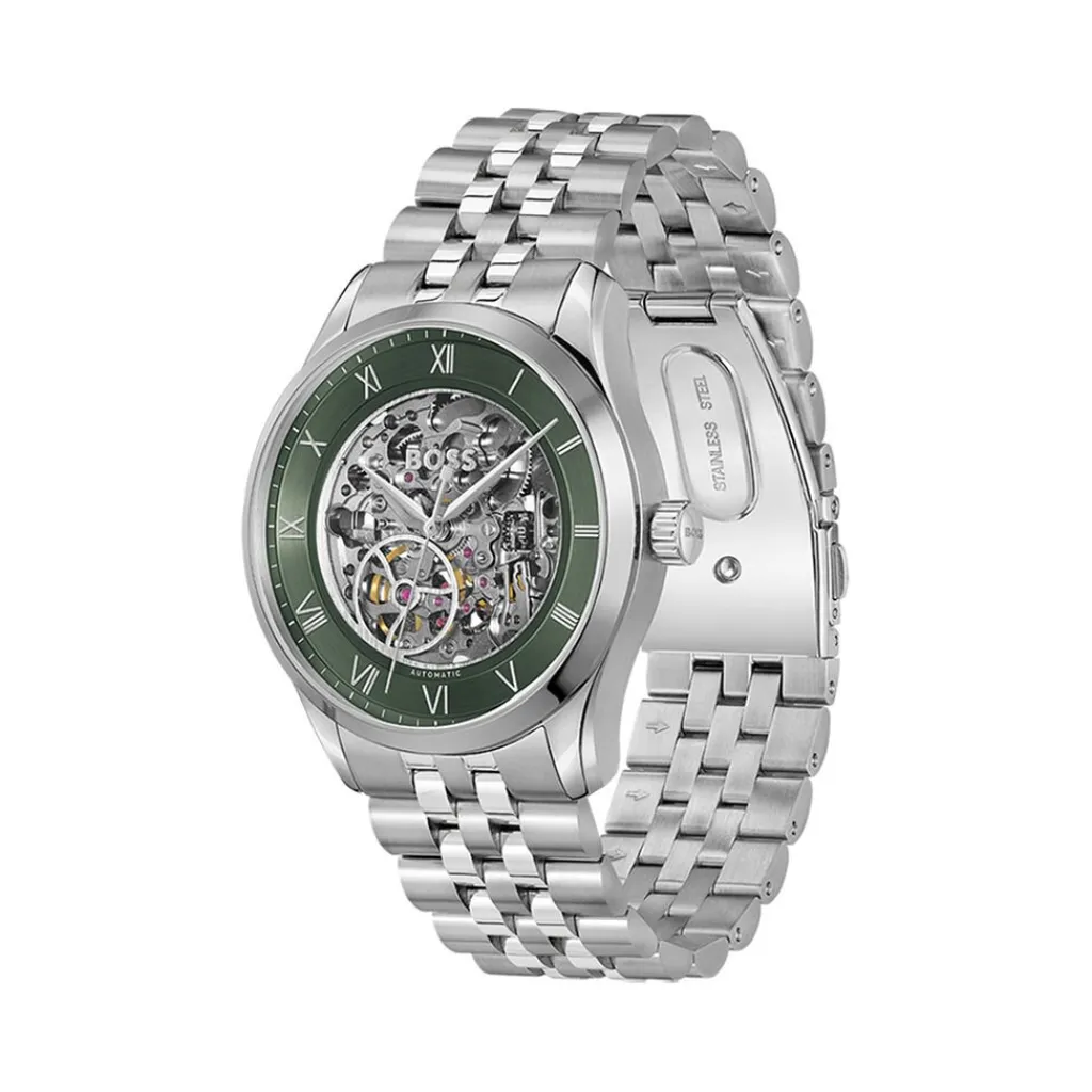 HUGO BOSS Montre Boss Principle Skeleton Vert cadran argenté fond vert bracelet acier argenté Sale