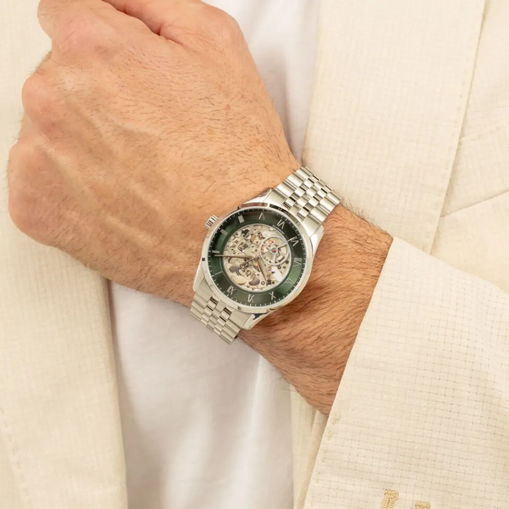 HUGO BOSS Montre Boss Principle Skeleton Vert cadran argenté fond vert bracelet acier argenté Sale