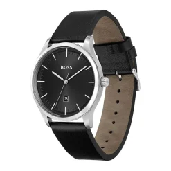 HUGO BOSS Montre Boss Reason Noir cadran argenté fond noir bracelet cuir noir Hot