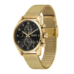 HUGO BOSS Montre Boss Skymaster Noir cadran doré fond noir bracelet acier doré