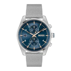 HUGO BOSS Montre Boss Skytraveller Bleu cadran argenté fond bleu bracelet acier argenté Outlet