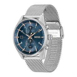 HUGO BOSS Montre Boss Skytraveller Bleu cadran argenté fond bleu bracelet acier argenté Outlet