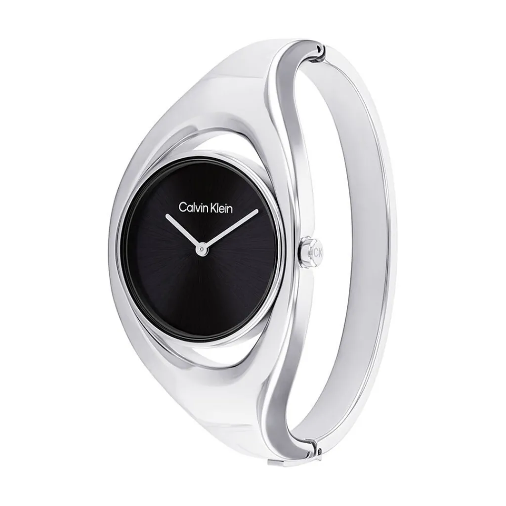 CALVIN KLEIN Montre Elated Noir cadran argenté fond noir bracelet acier argenté New