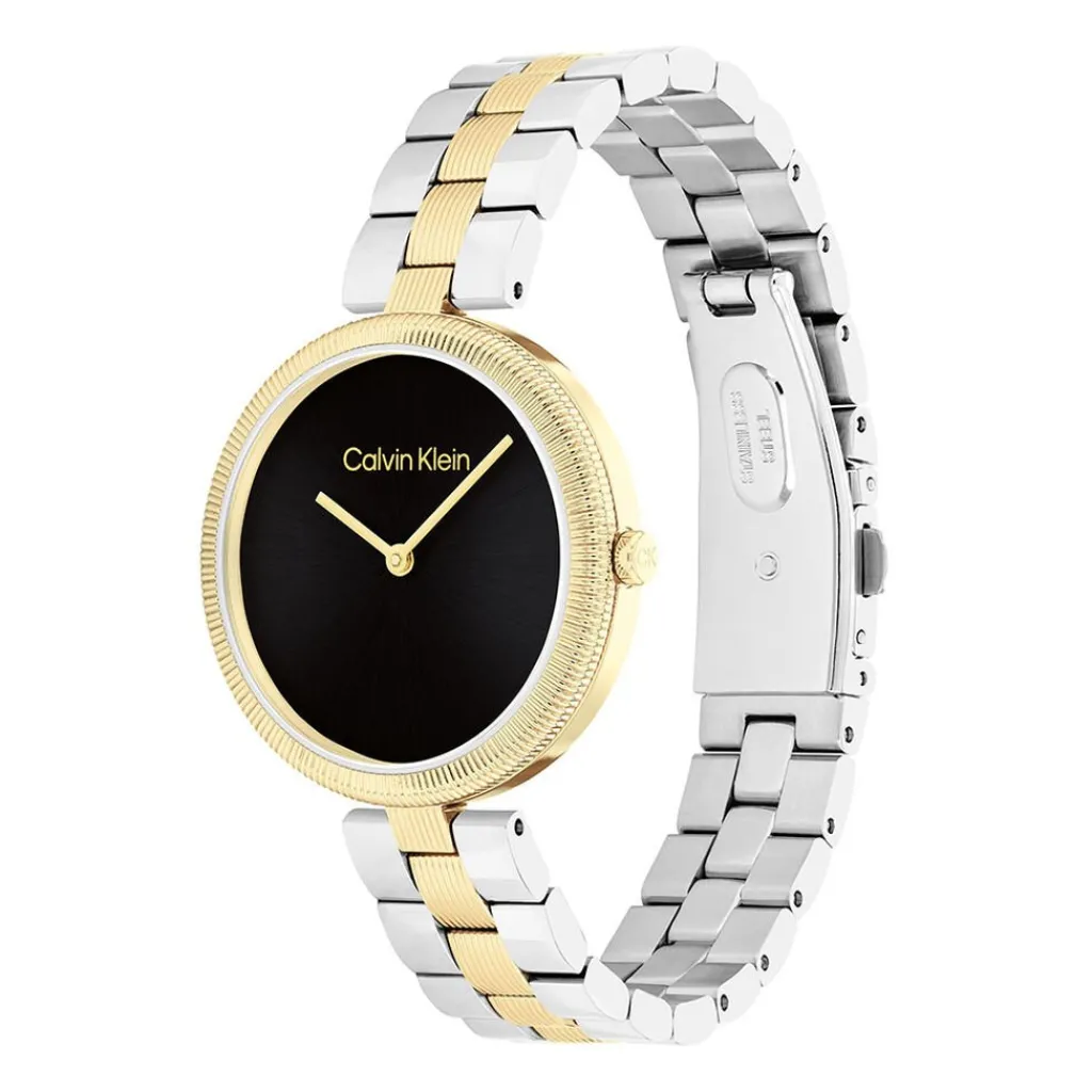 CALVIN KLEIN Montre Gleam Noir cadran doré fond noir bracelet acier bicolore Clearance