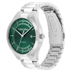 CALVIN KLEIN Montre Iconic Automatic Vert cadran argenté fond vert bracelet acier argenté Outlet