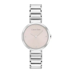 CALVIN KLEIN Montre Minimalistic T Bar Rose cadran argenté fond rose bracelet acier argenté Sale