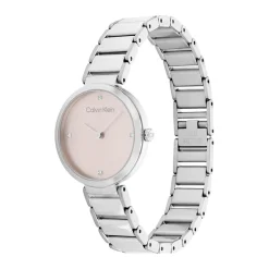 CALVIN KLEIN Montre Minimalistic T Bar Rose cadran argenté fond rose bracelet acier argenté Sale