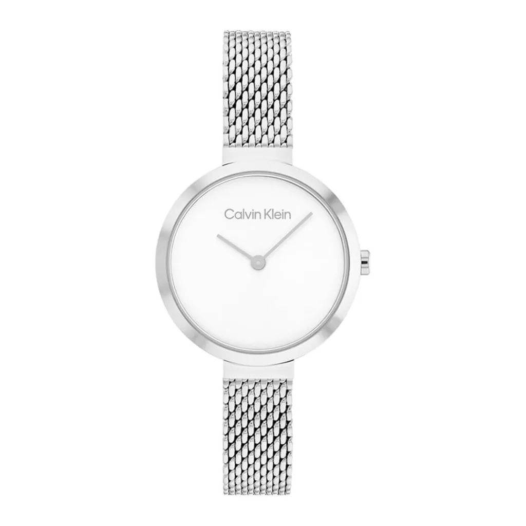 CALVIN KLEIN Montre Minimalistic T Bar Blanc cadran argenté fond blanc bracelet acier argenté
