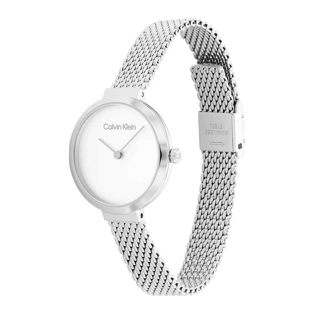 CALVIN KLEIN Montre Minimalistic T Bar Blanc cadran argenté fond blanc bracelet acier argenté
