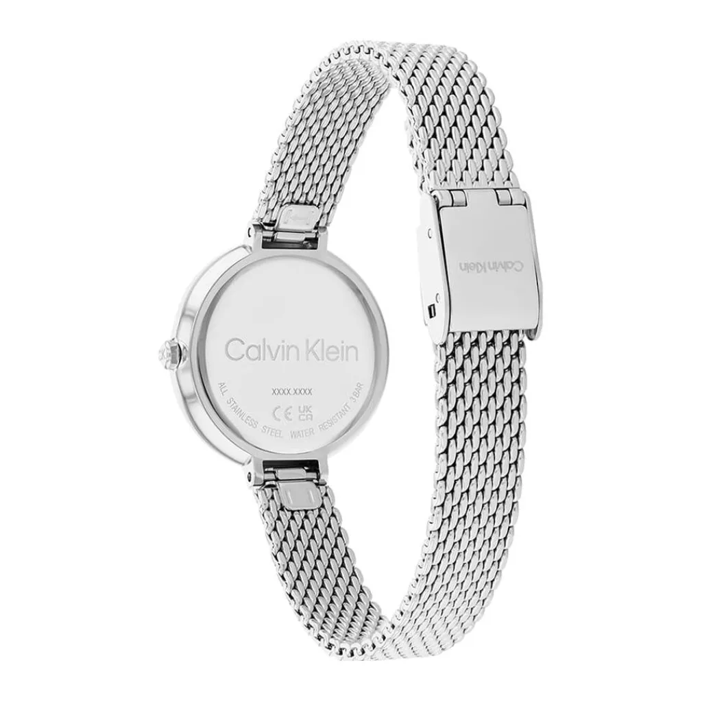 CALVIN KLEIN Montre Minimalistic T Bar Blanc cadran argenté fond blanc bracelet acier argenté