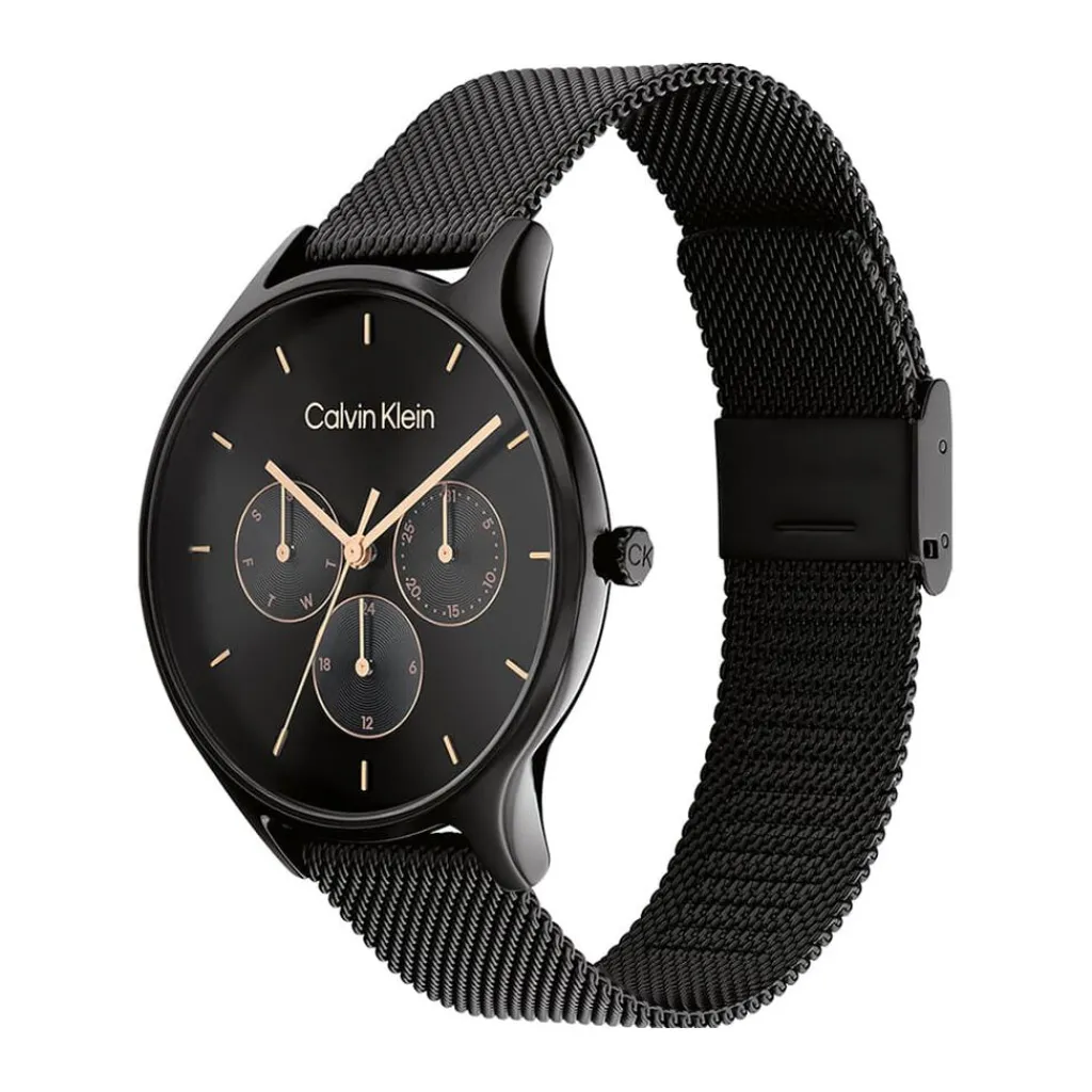 CALVIN KLEIN Montre Timeless Multi Noir cadran noir fond noir bracelet acier noir Outlet