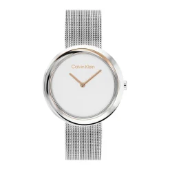 CALVIN KLEIN Montre Twisted Bezel Blanc cadran bicolore fond blanc bracelet acier argenté Outlet