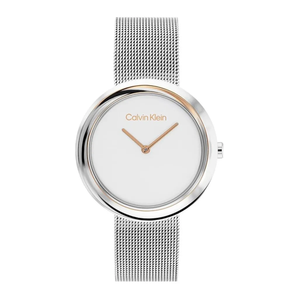 CALVIN KLEIN Montre Twisted Bezel Blanc cadran bicolore fond blanc bracelet acier argenté Outlet