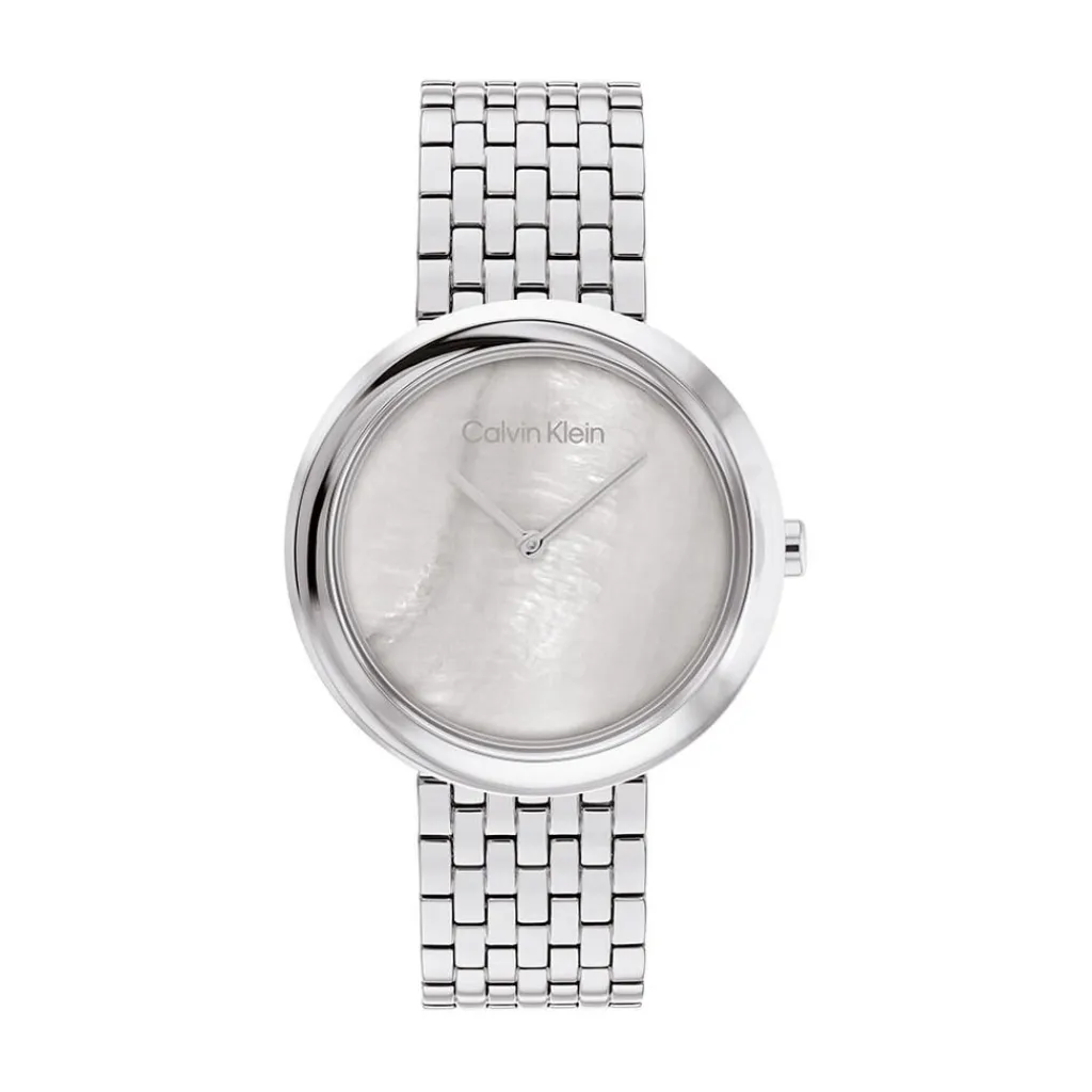 CALVIN KLEIN Montre Twisted Bezel Gris cadran argenté fond gris bracelet acier argenté Sale
