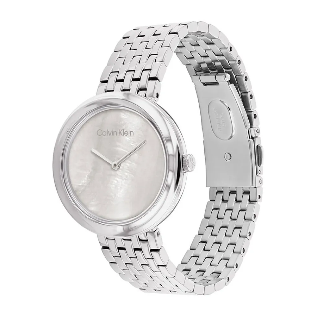 CALVIN KLEIN Montre Twisted Bezel Gris cadran argenté fond gris bracelet acier argenté Sale