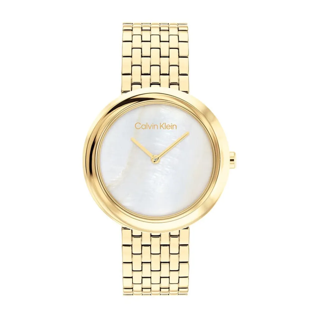 CALVIN KLEIN Montre Twisted Bezel Blanc cadran doré fond blanc bracelet acier doré Sale