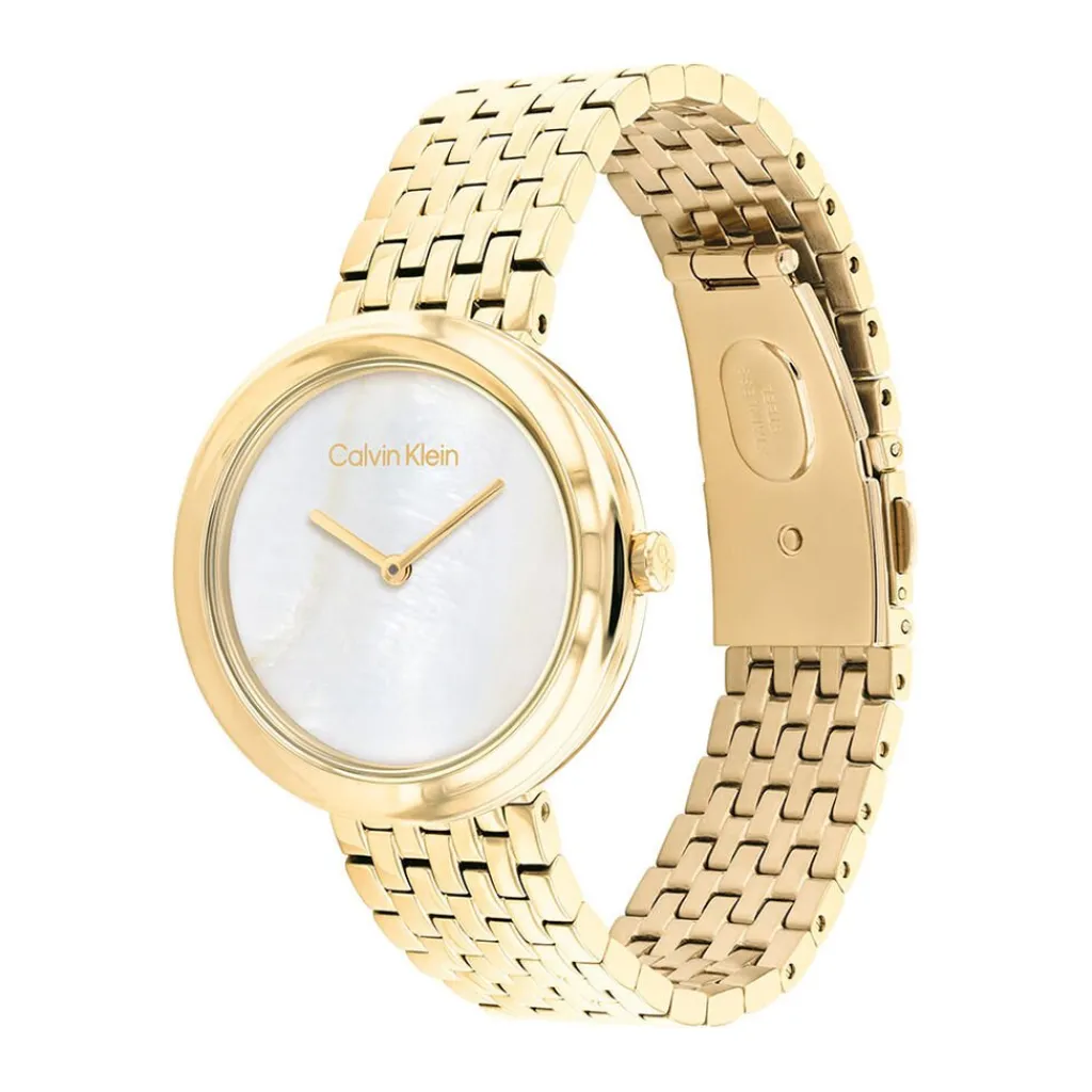 CALVIN KLEIN Montre Twisted Bezel Blanc cadran doré fond blanc bracelet acier doré Sale