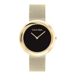 CALVIN KLEIN Montre Twisted Bezel Noir cadran doré fond noir bracelet acier doré Clearance
